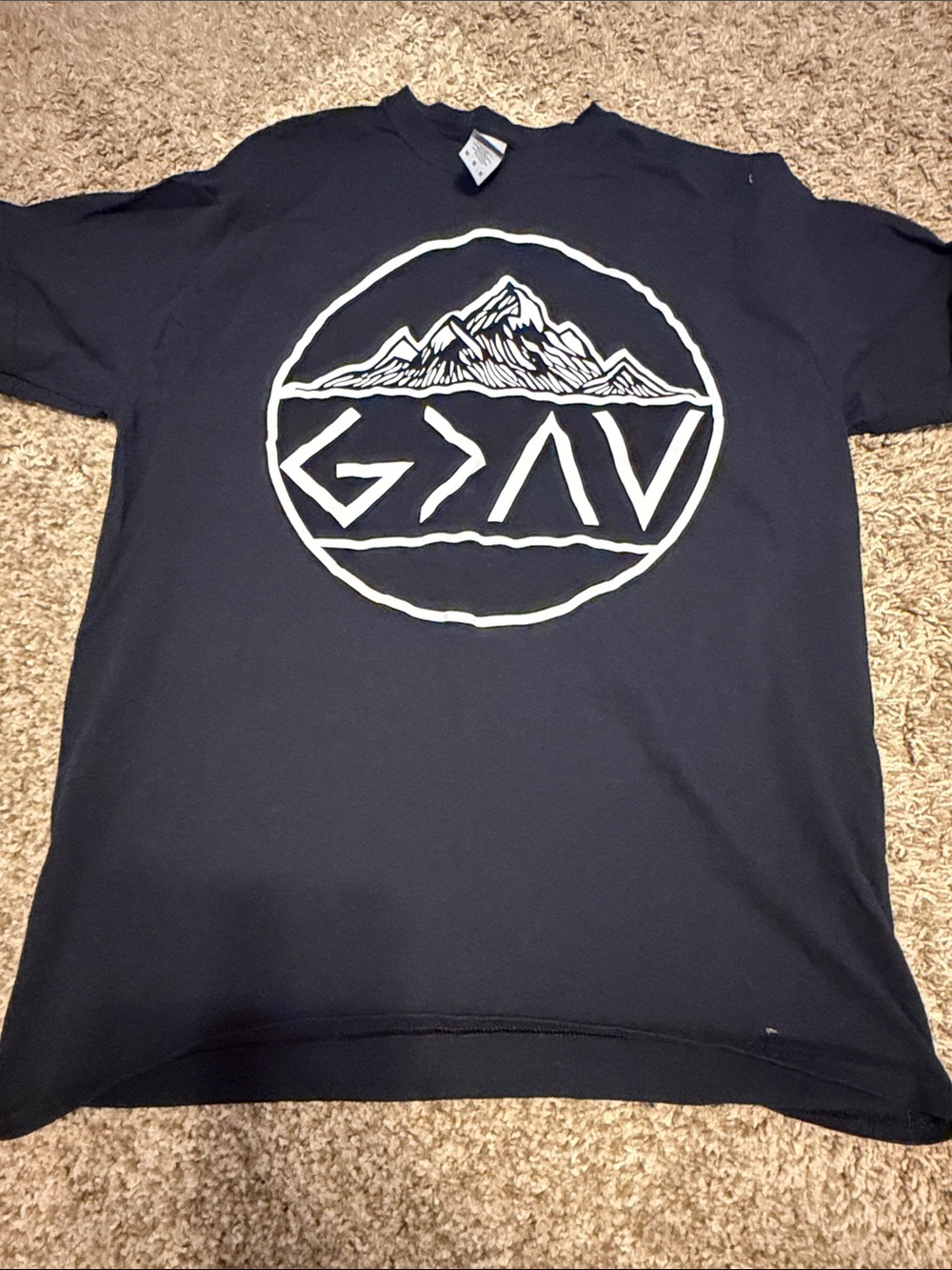Men's Black Graphic God is Greater Mountain T-Shirt with White Logo
